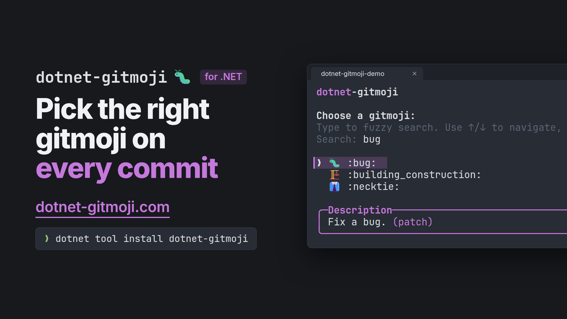 Watch the demo: setting up dotnet-gitmoji and picking the bug gitmoji in the commit picker